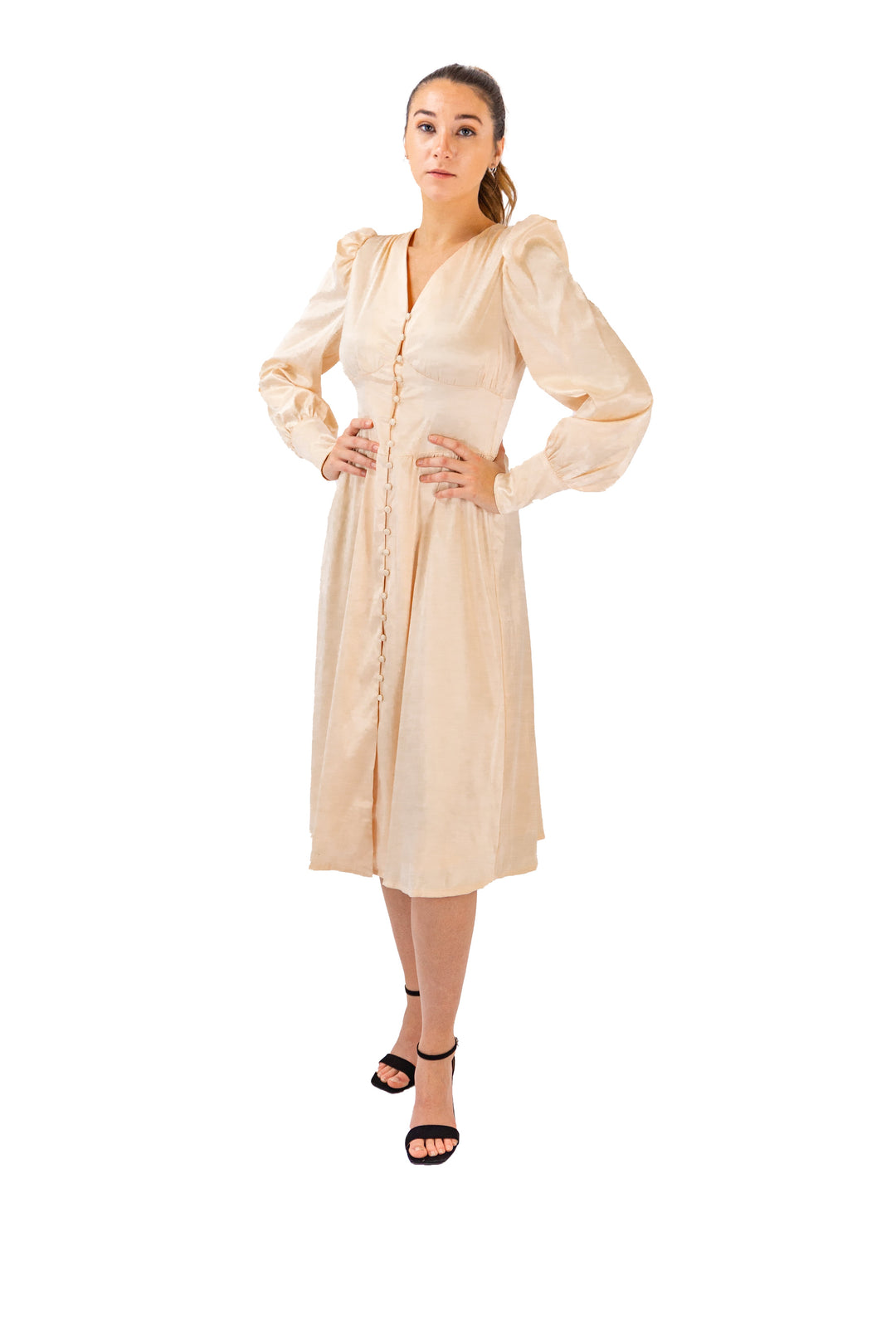 Elegant Beige Pleated Lantern Sleeve Dress by Fabonics, Perfect for Sophisticated Occasions