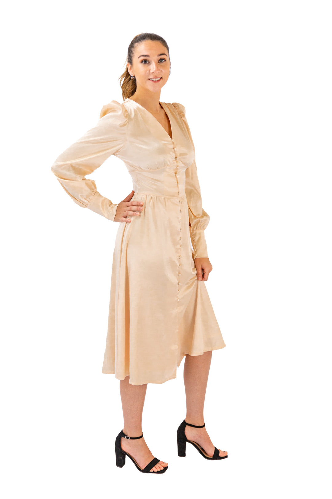 Beige Pleated Lantern Long Sleeve Dress for Women
