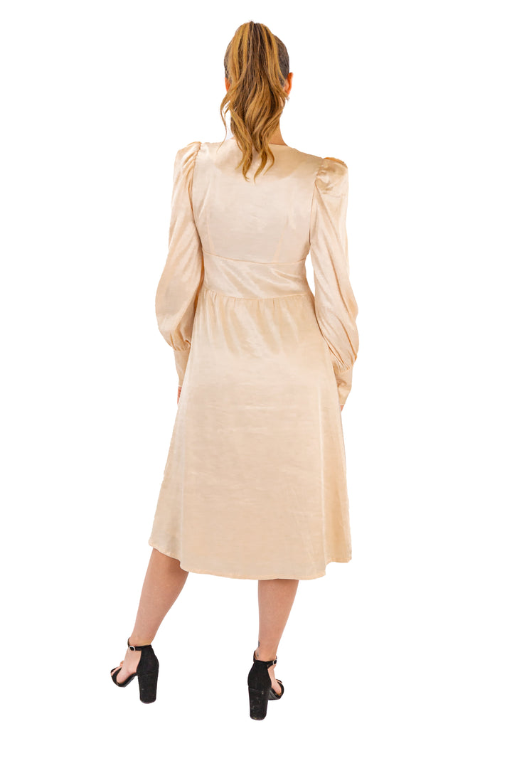 Beige Pleated Lantern Long Sleeve Dress for Women