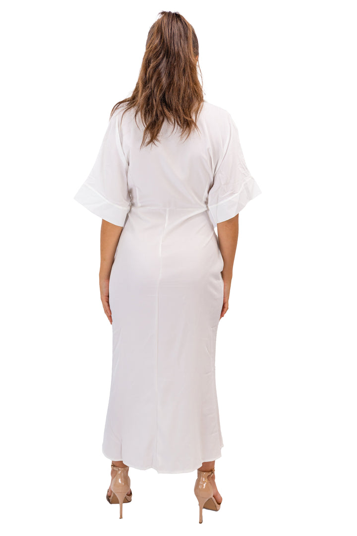  White Button Down Midi Dress with Chic Knot-Up Front