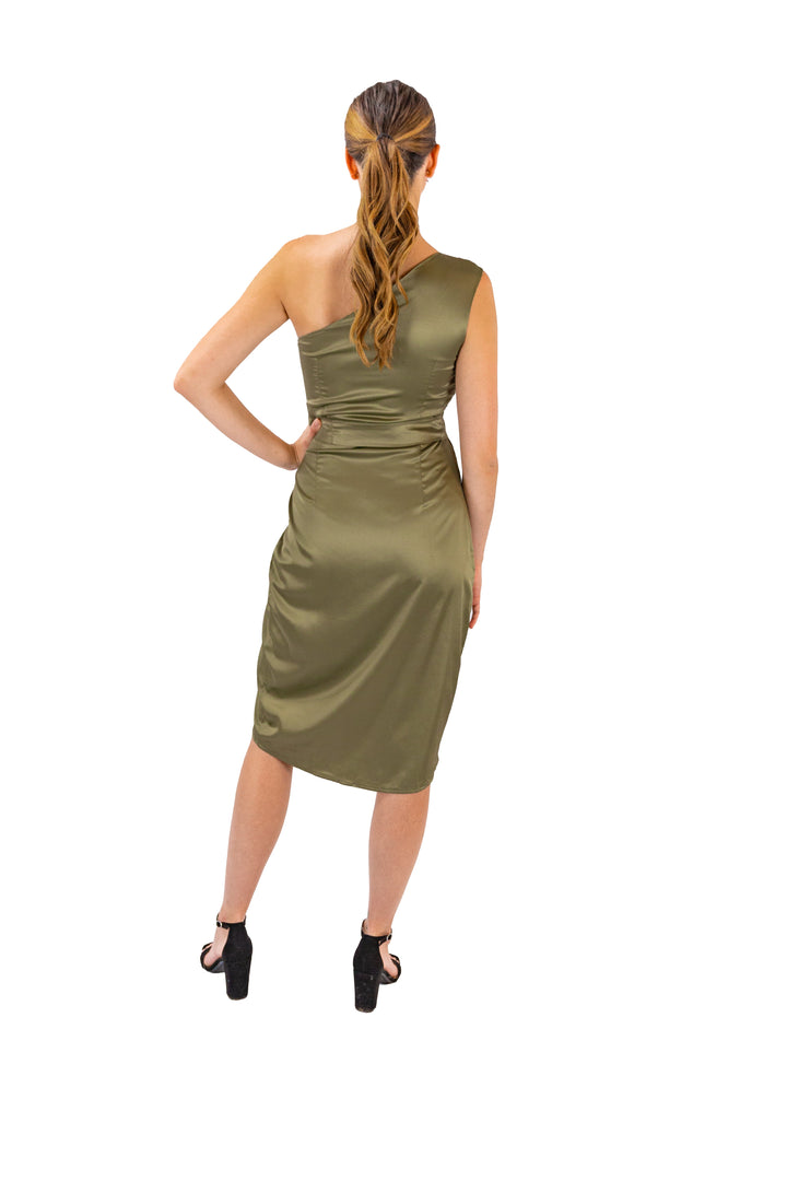 One-shoulder Belted Dress with Green Satin for Women