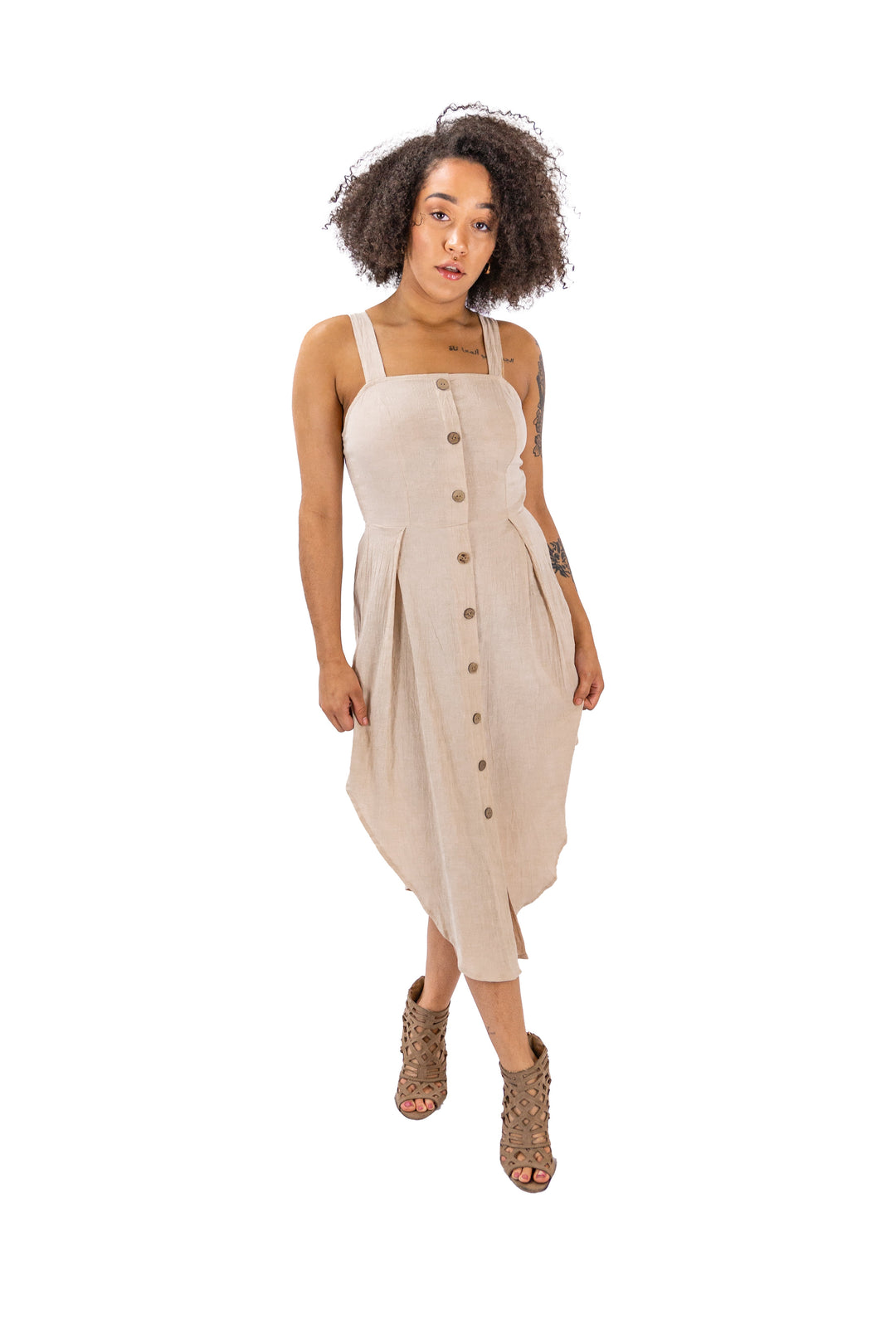 Elegant Beige Sleeveless Button-Down Midi Dress by Fabonics, Perfect for Any Occasion