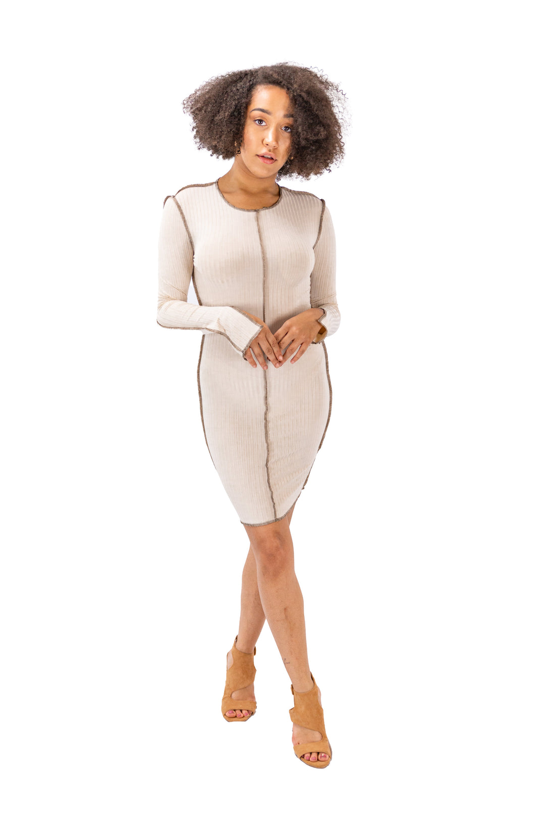 Beige Linen-trimmed Slim Bodycon Dress for Women