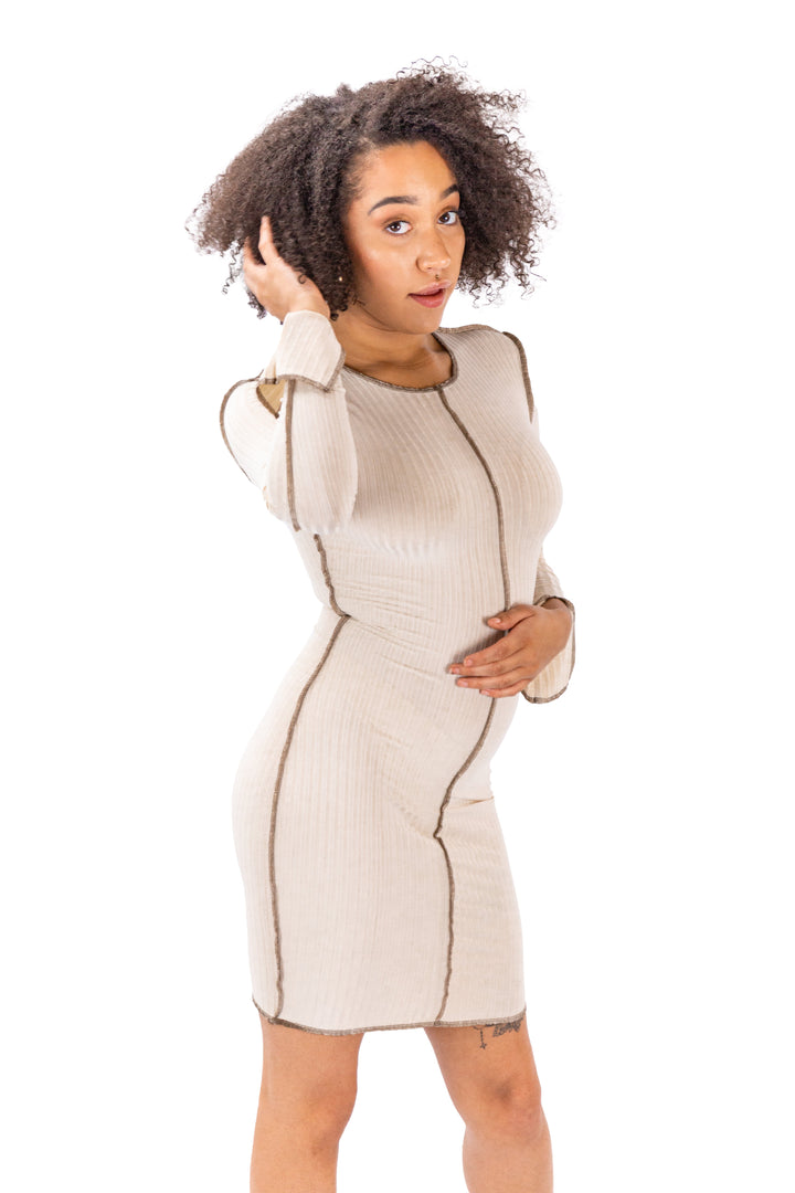 Beige Linen-trimmed Slim Bodycon Dress for Women