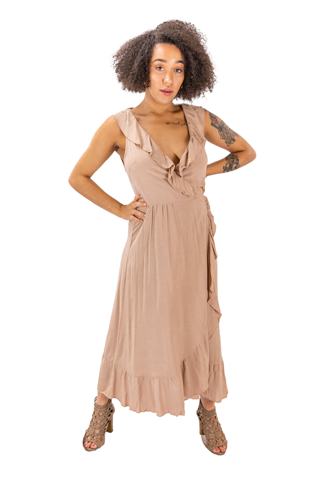 Fabonics Taupe Ruffle Wrap Midi Dress - Elegant Embrace Collection for Day and Night
