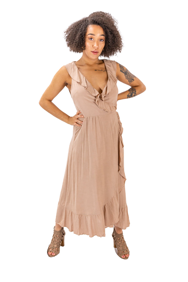 Stylish Taupe Ruffle Wrap Midi Dress