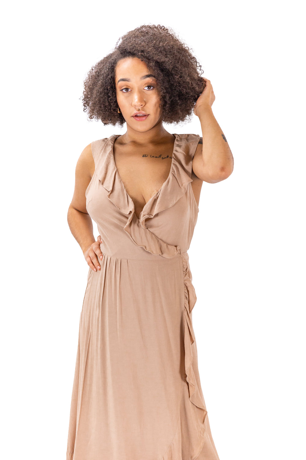 Stylish Taupe Ruffle Wrap Midi Dress