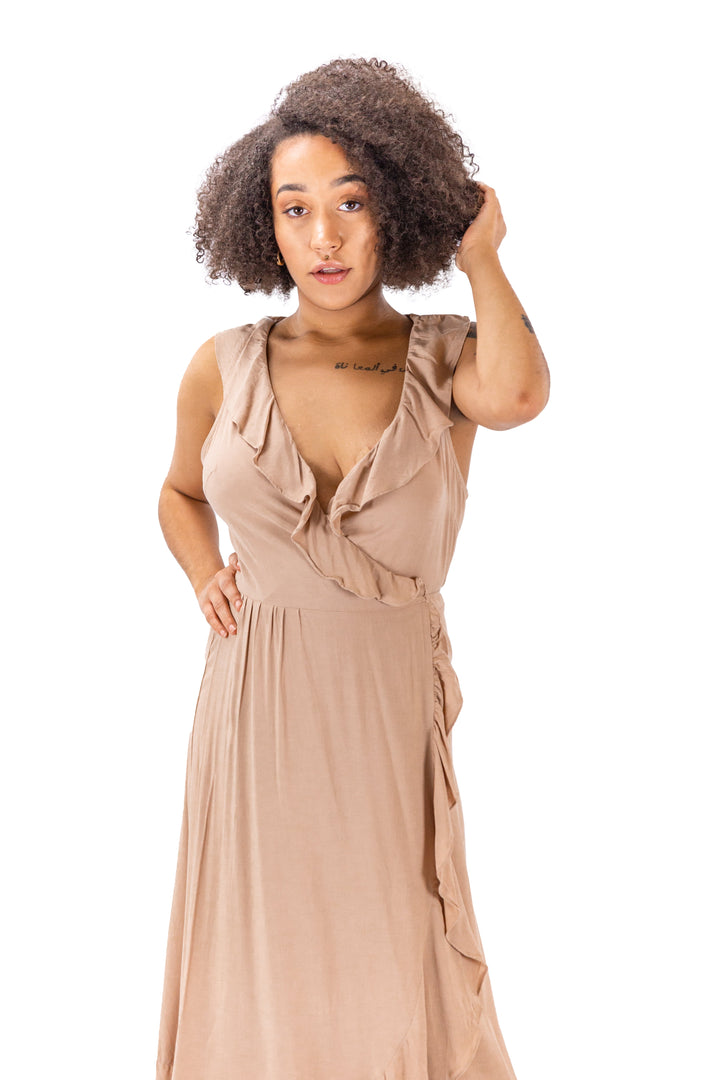 Stylish Taupe Ruffle Wrap Midi Dress