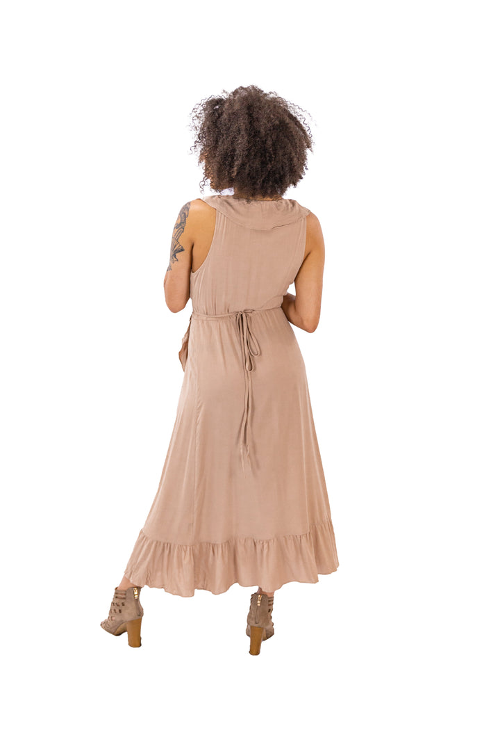 Stylish Taupe Ruffle Wrap Midi Dress
