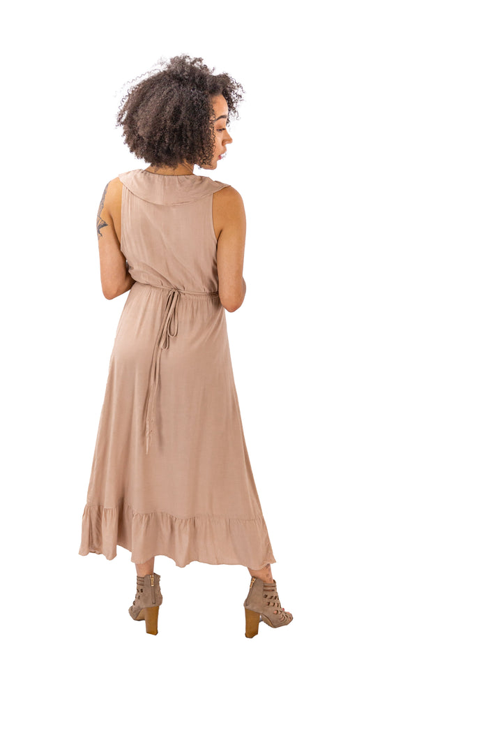 Stylish Taupe Ruffle Wrap Midi Dress