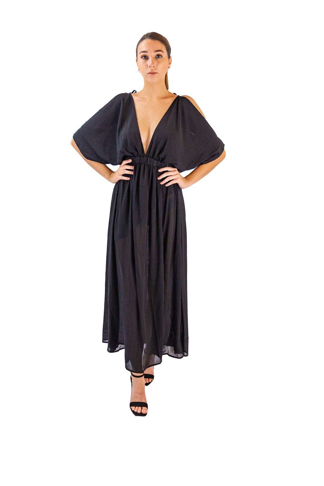 Midnight Cold Shoulder Deep V Neck Maxi Dress