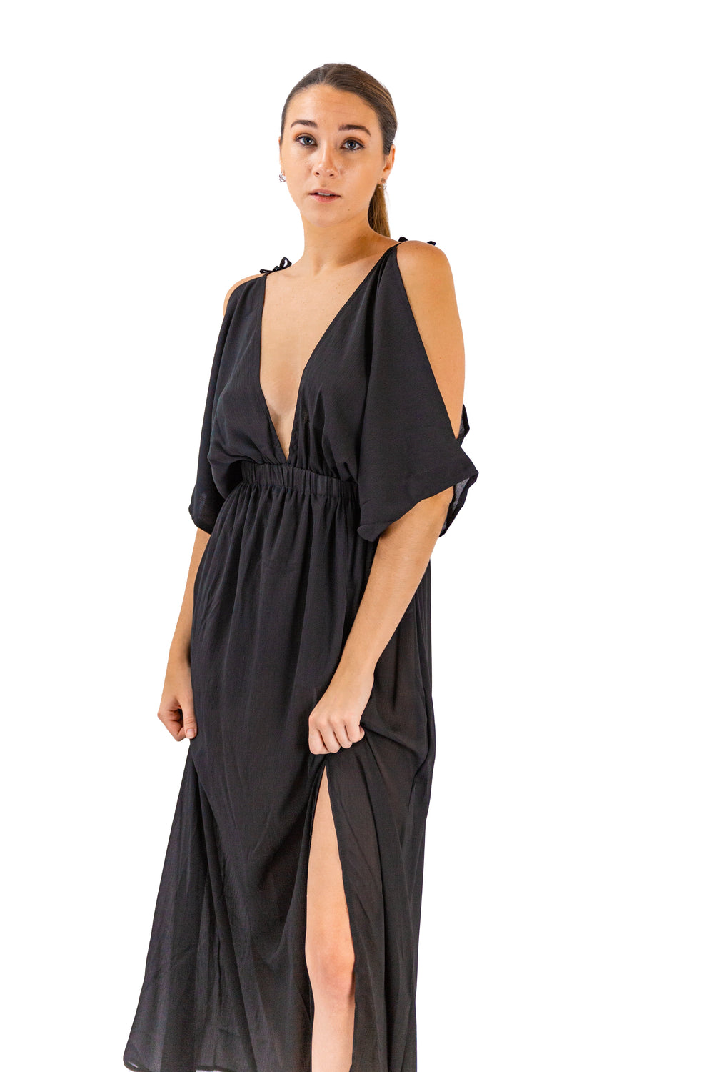 Midnight Cold Shoulder Deep V Neck Maxi Dress