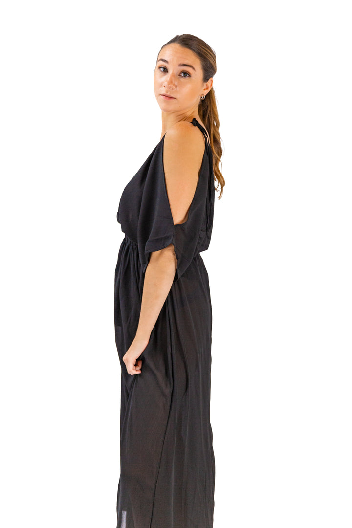 Midnight Cold Shoulder Deep V Neck Maxi Dress