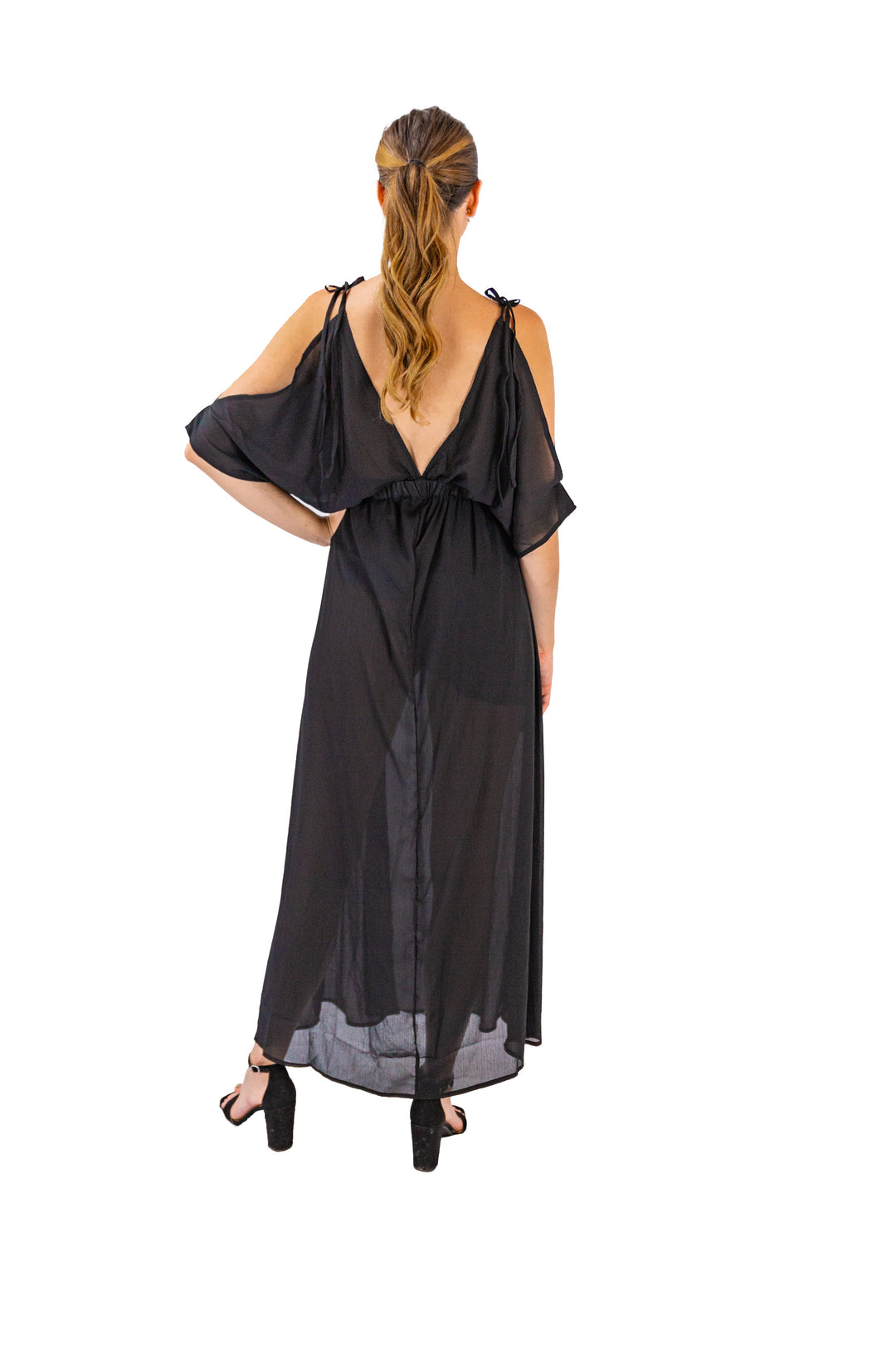 Midnight Cold Shoulder Deep V Neck Maxi Dress