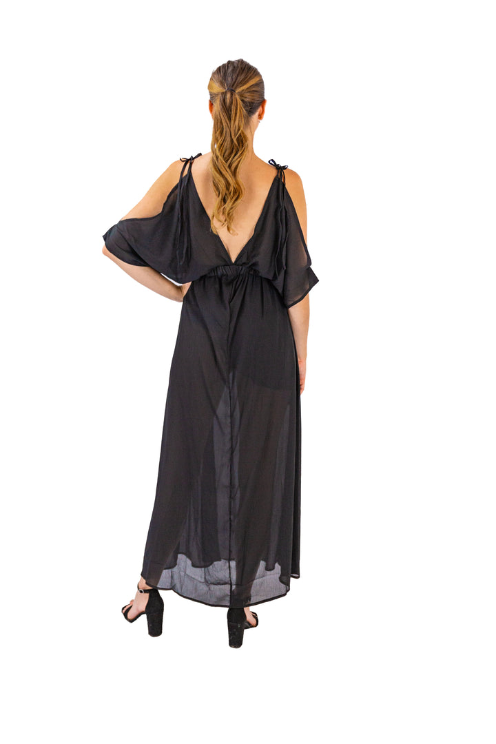 Midnight Cold Shoulder Deep V Neck Maxi Dress