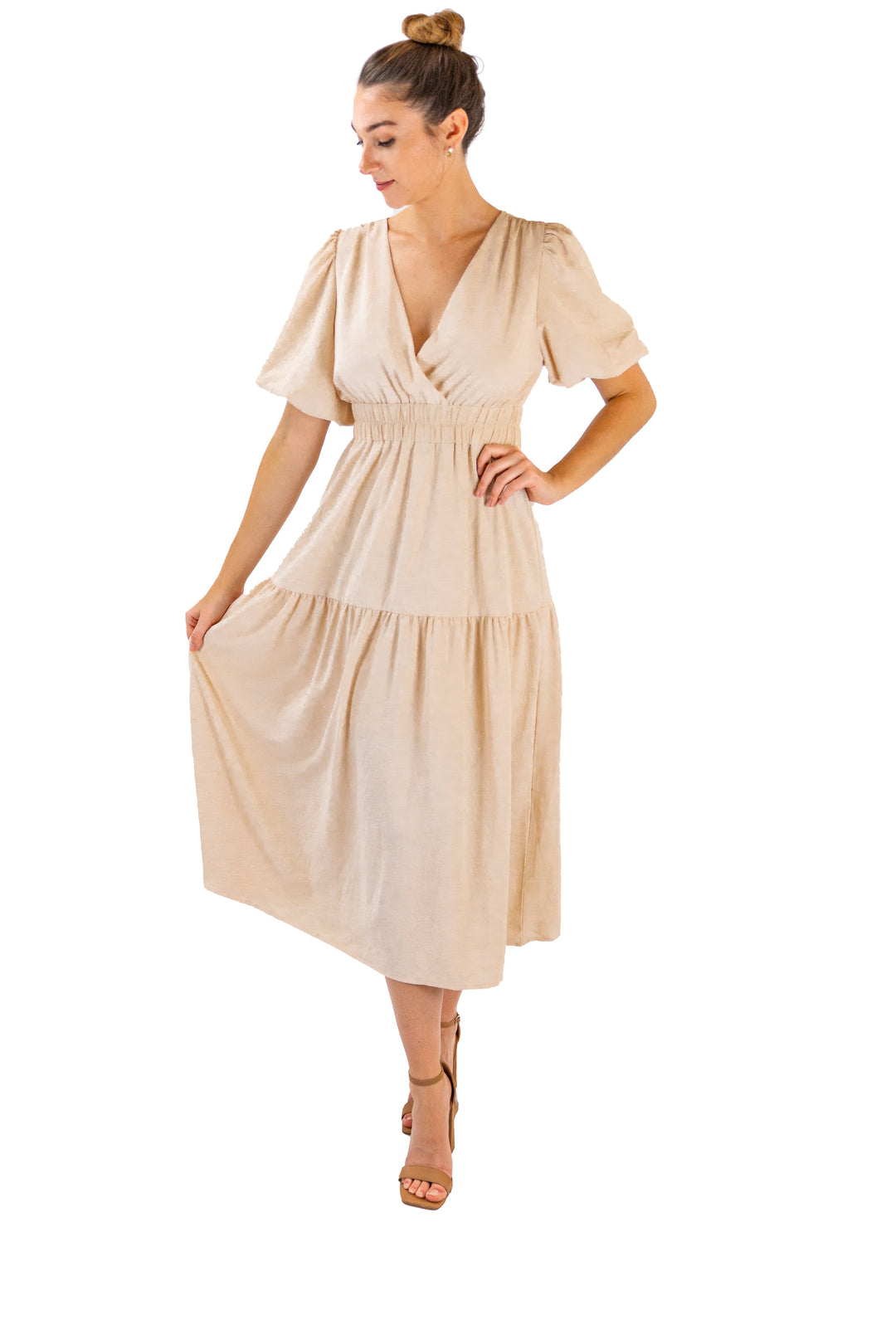 Elegant Beige Tiered Midi Dress with Puffed Sleeves by Fabonics in Graceful Radiance Style