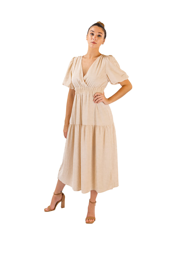 Graceful Radiance: Beige Tiered Midi with Puffed Sleeves