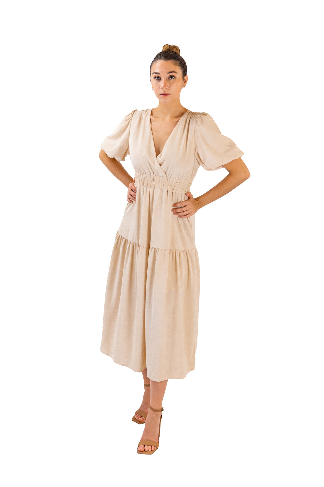 Graceful Radiance: Beige Tiered Midi with Puffed Sleeves