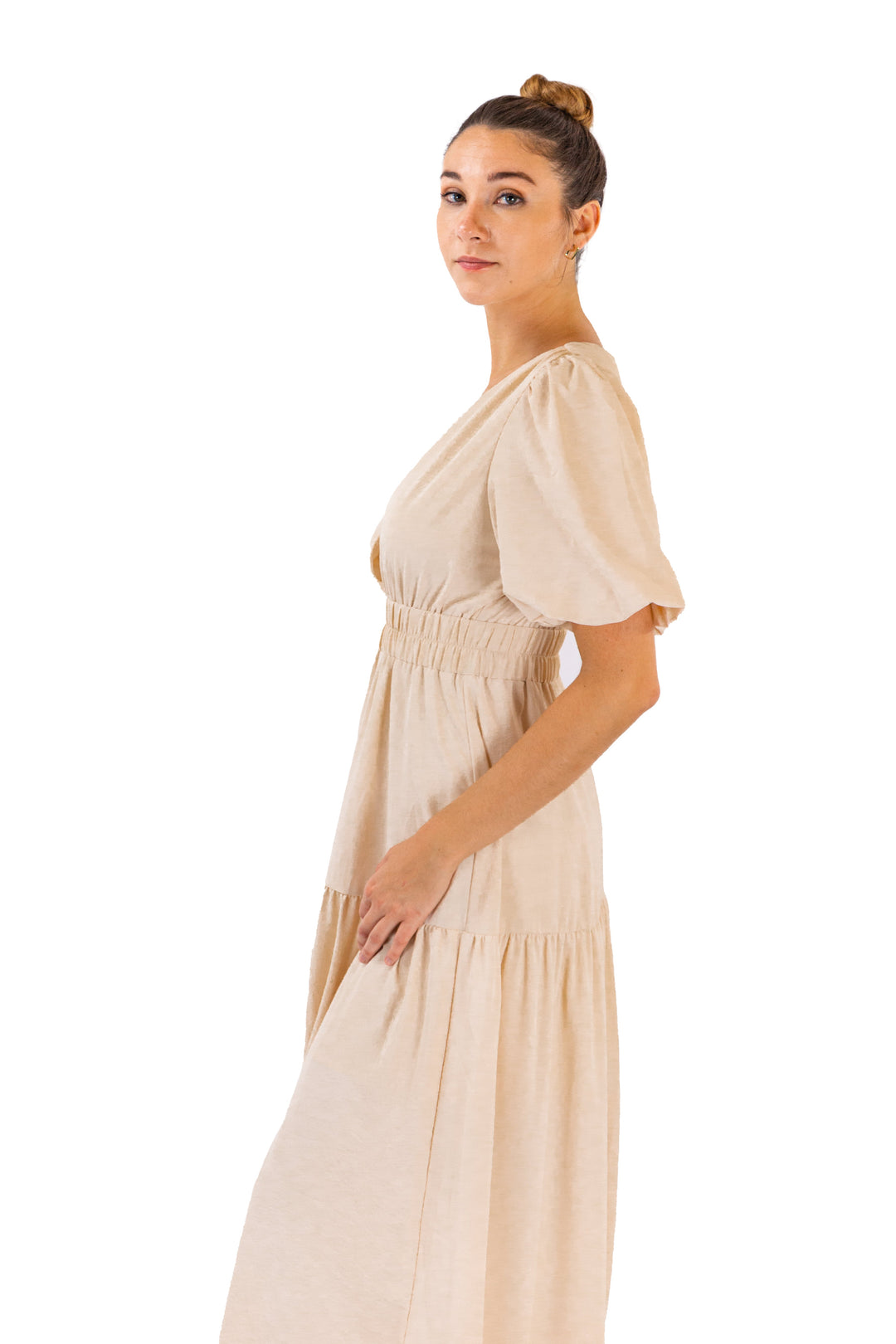 Graceful Radiance: Beige Tiered Midi with Puffed Sleeves