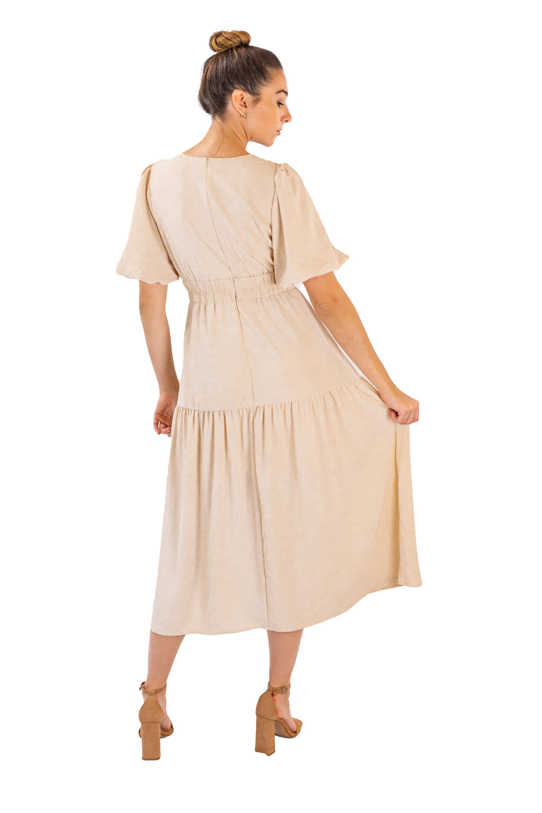 Graceful Radiance: Beige Tiered Midi with Puffed Sleeves