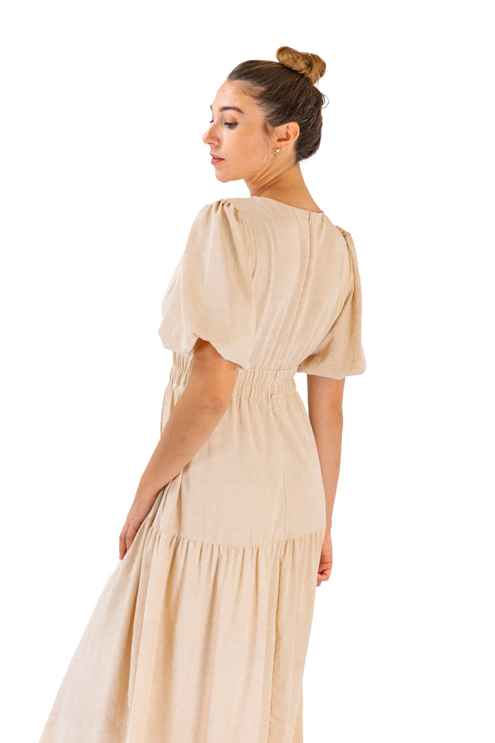 Graceful Radiance: Beige Tiered Midi with Puffed Sleeves