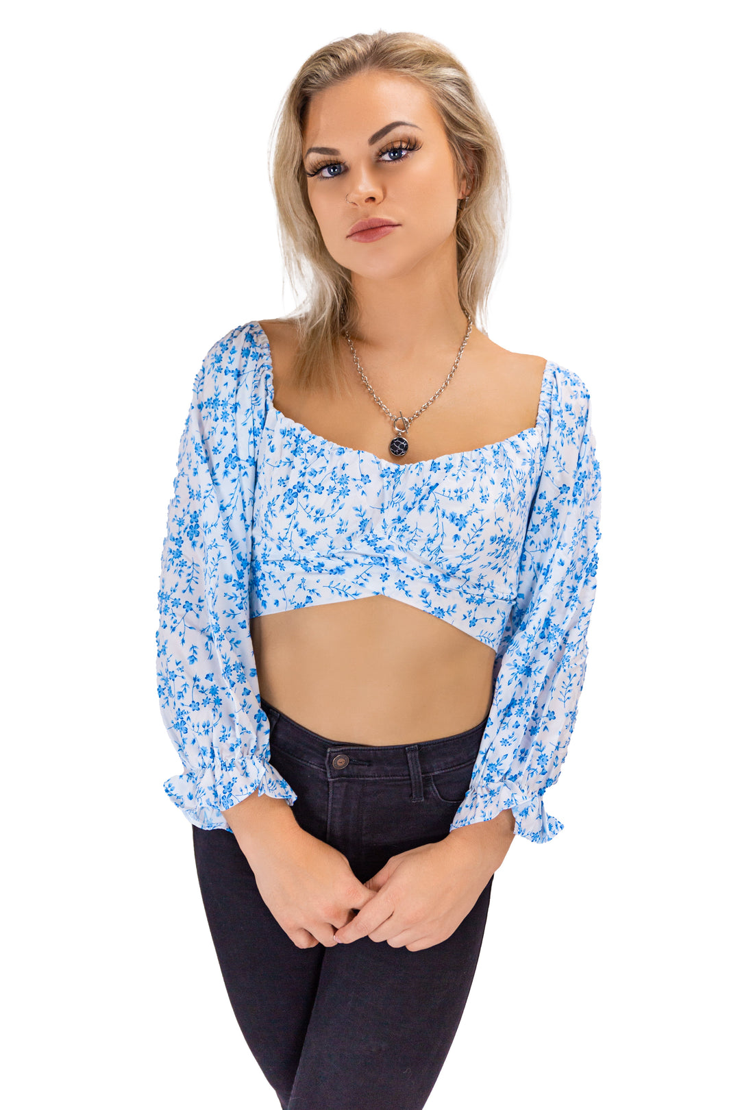 Fabonics Blossoming Elegance Blue and White Floral Puff Sleeve Crop Top