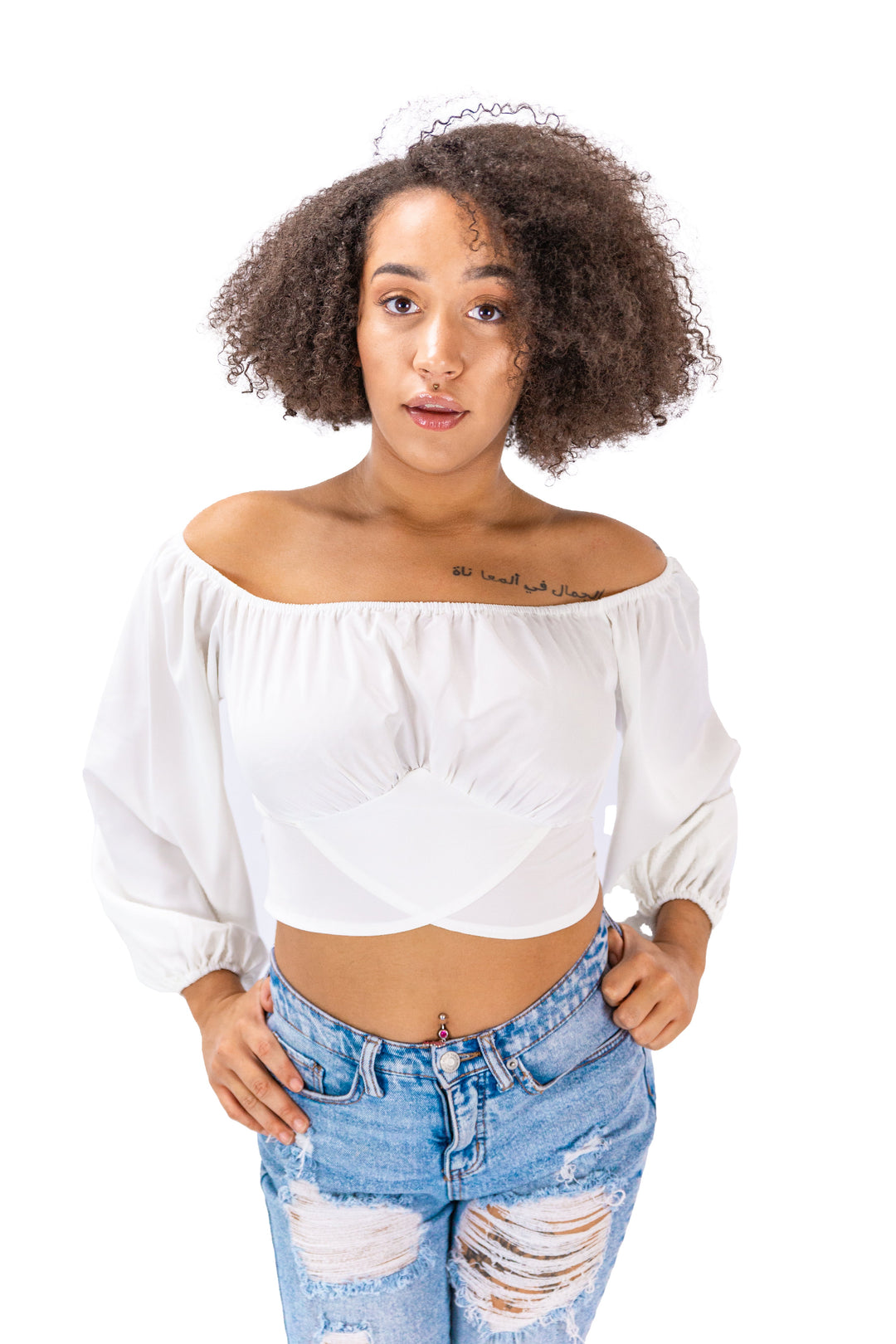 Fabonics Ethereal Elegance White Off-Shoulder Crop Top with Billowing Sleeves