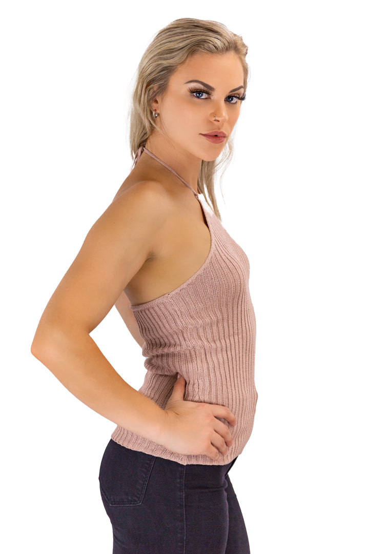 Sun-Kissed Chic: Brown Halter Neck Knitted Sweater Top