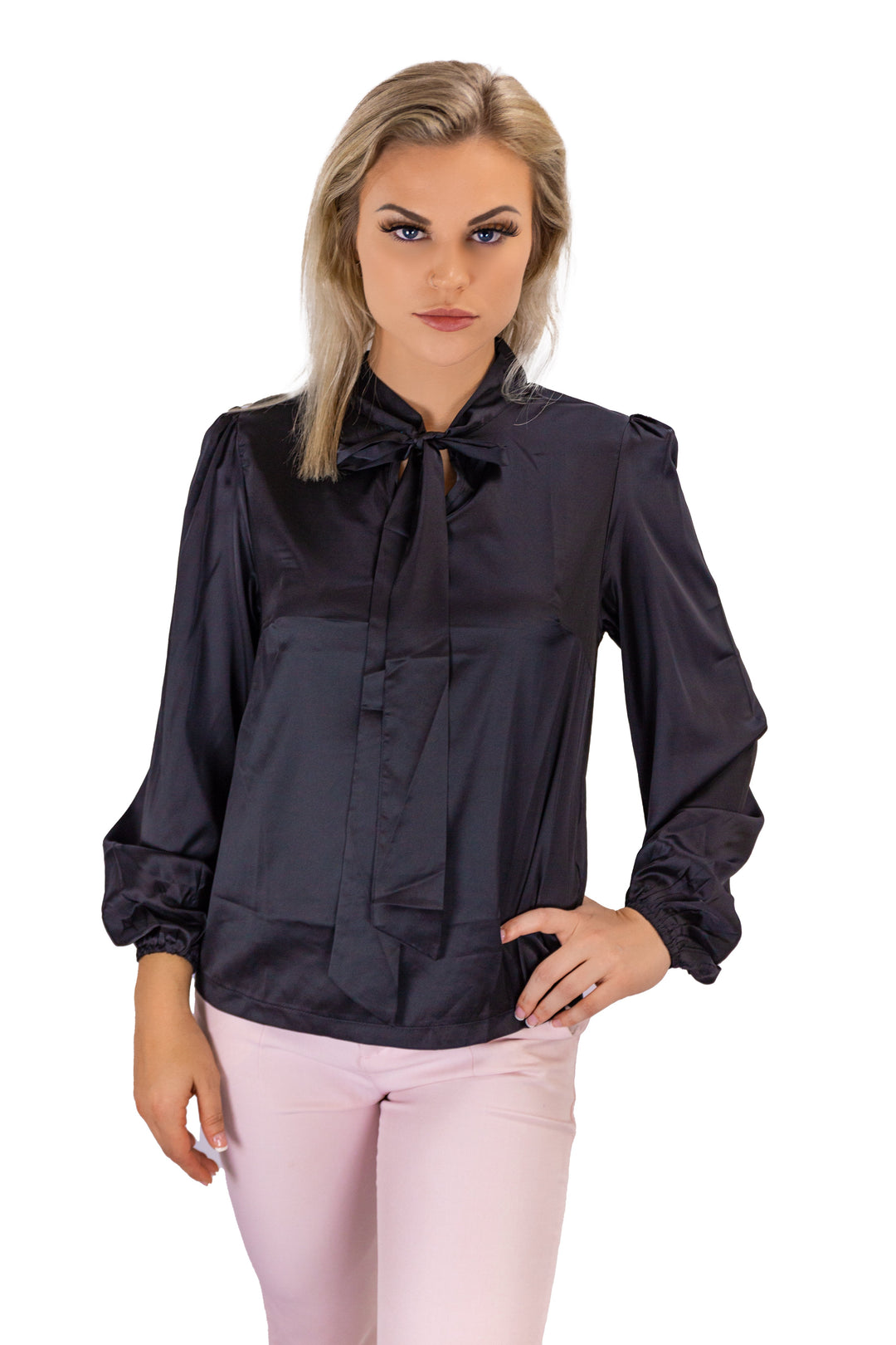 Elegance Defined: Black Full-Sleeved Casual Top with Bow Detail