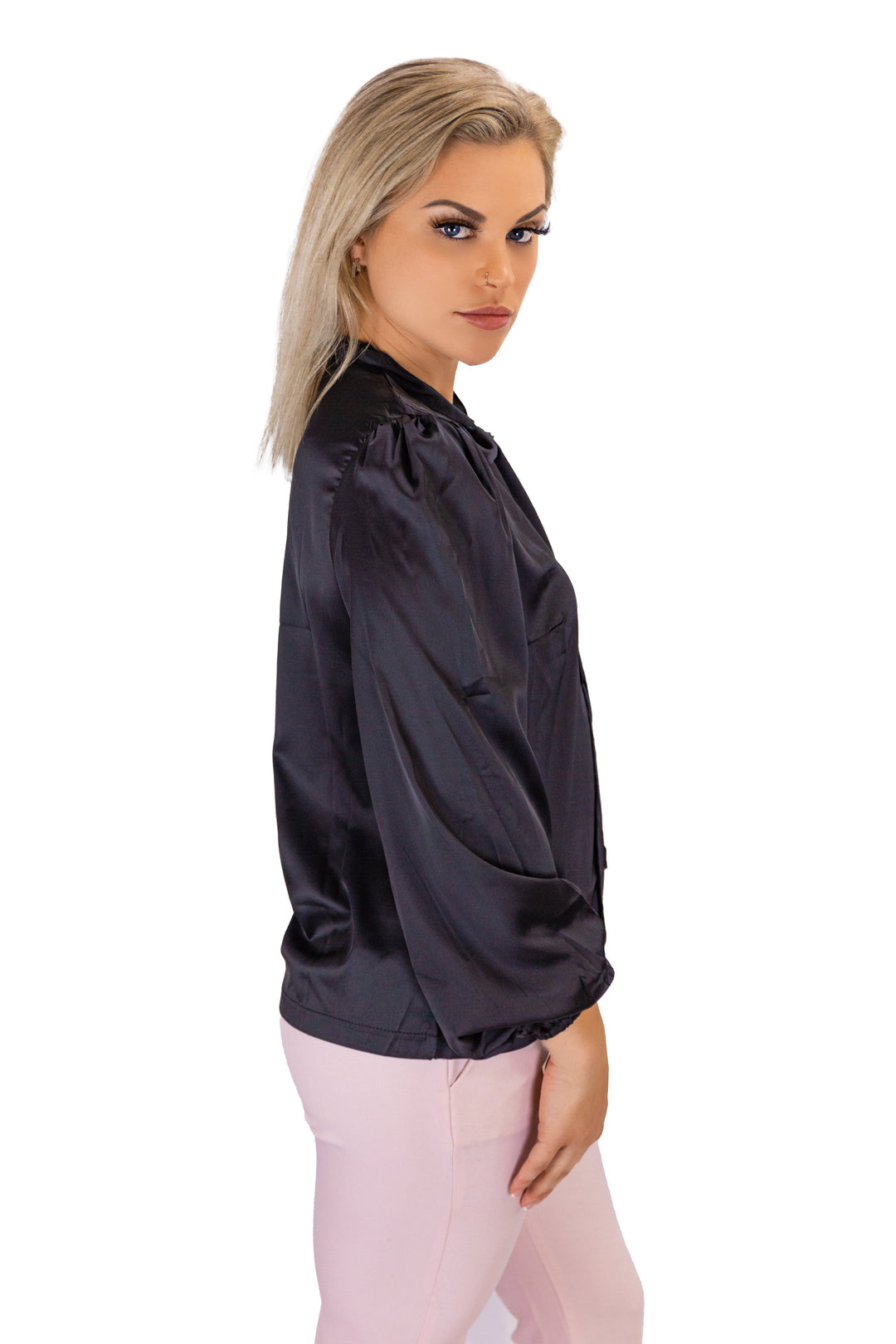 Full-sleeved Casual Black Top With Bow Detail