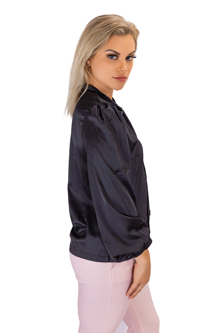 Elegance Defined: Black Full-Sleeved Casual Top with Bow Detail
