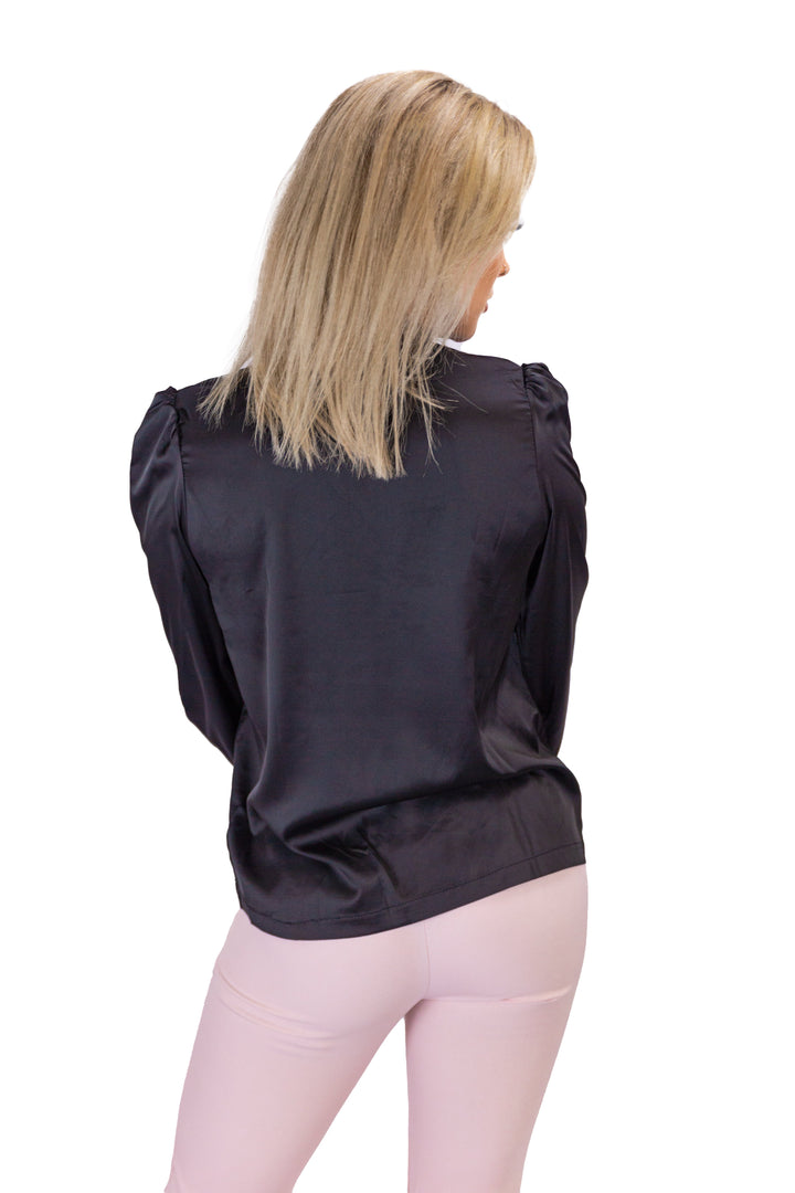 Full-sleeved Casual Black Top With Bow Detail
