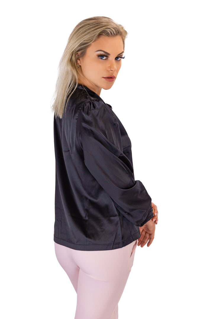 Elegance Defined: Black Full-Sleeved Casual Top with Bow Detail