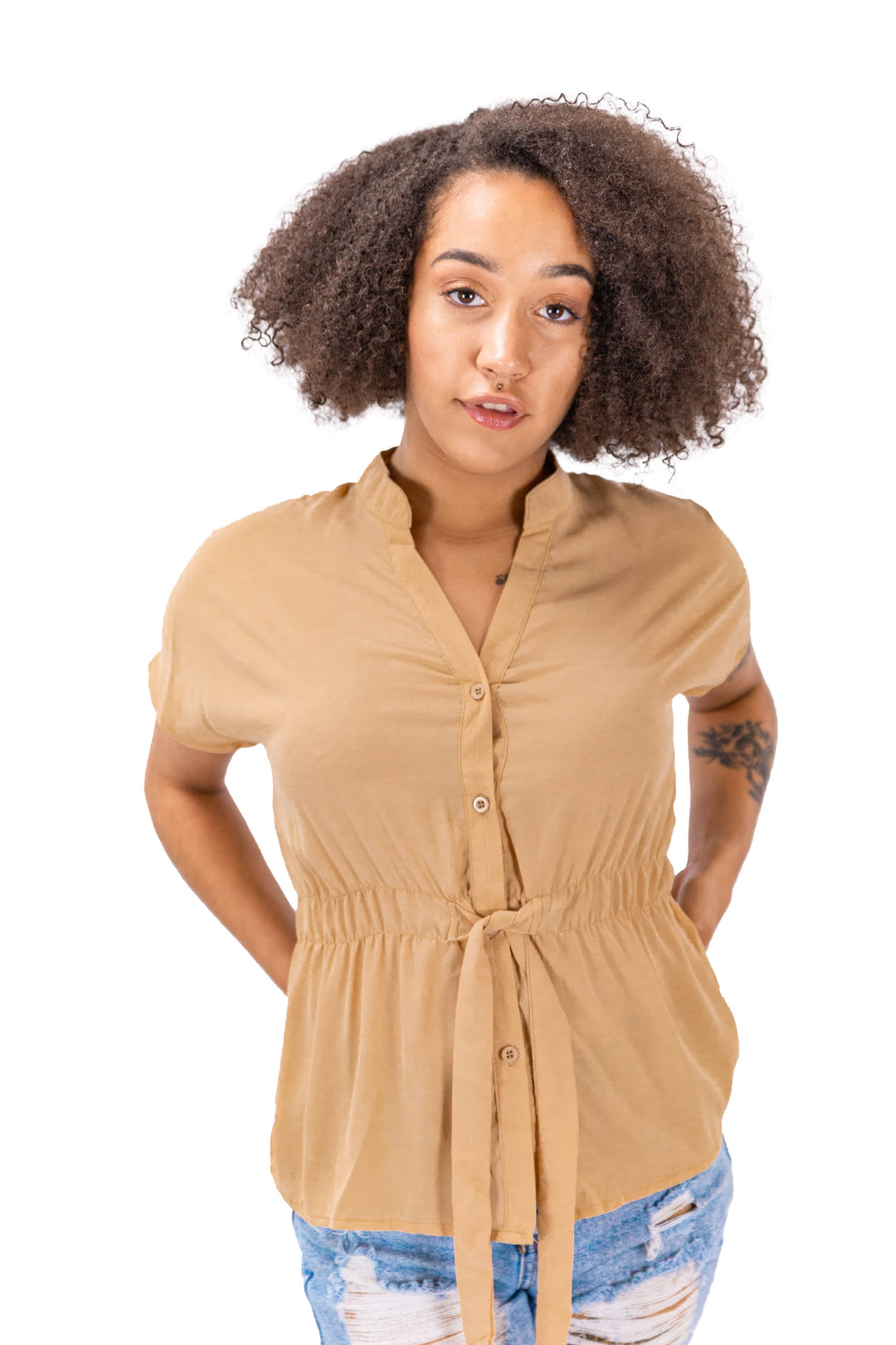 Fabonics Laced Allure Brown Casual Top with Button Front and Lace Waist Tie in Elegant Style