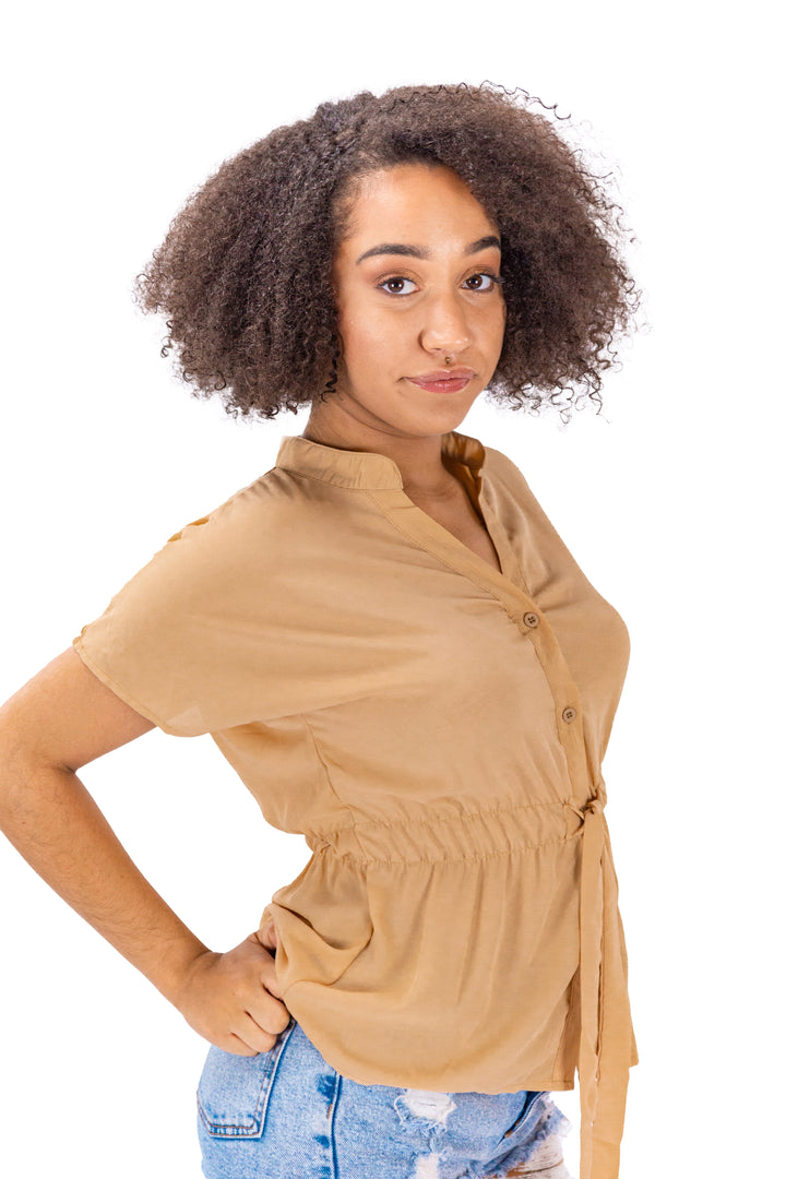 Laced Allure: Brown Button-Front Casual Top