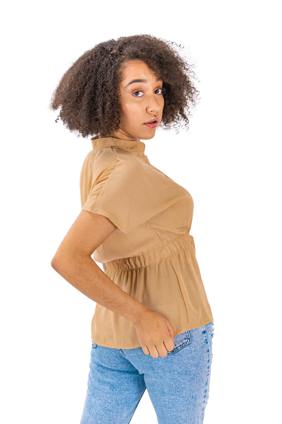 Laced Allure: Brown Button-Front Casual Top