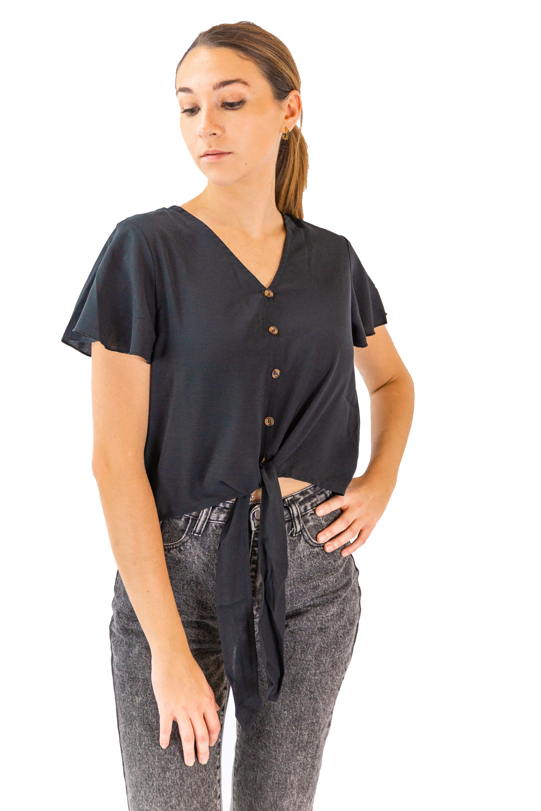 Fabonics Black Elegance Crop Top with Knot-Up and Buttoned Design in Chic and Modern Style