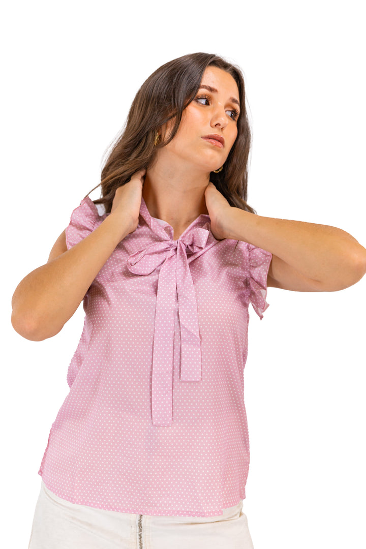 Fabonics Dainty Dots Pink Ruffled Polka Dot Top with Lace Detailing for a Chic Look