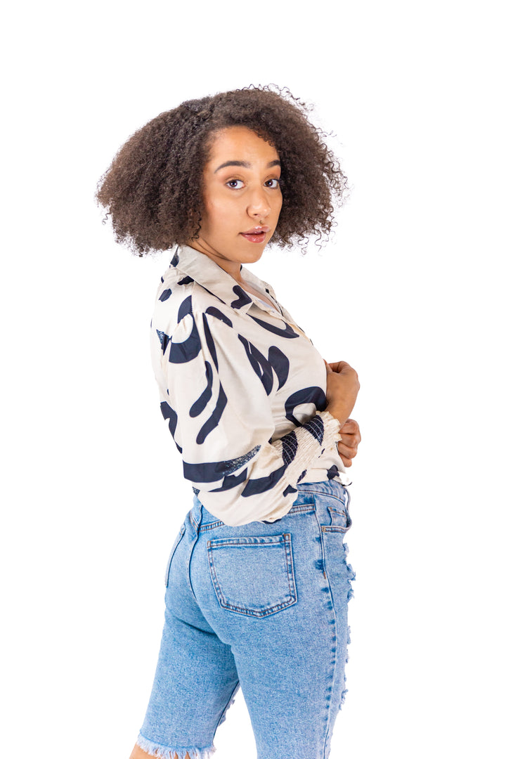 Button-Down Beige & Black Abastract Print Shirt