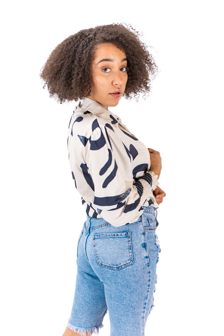 Button-Down Beige & Black Abastract Print Shirt
