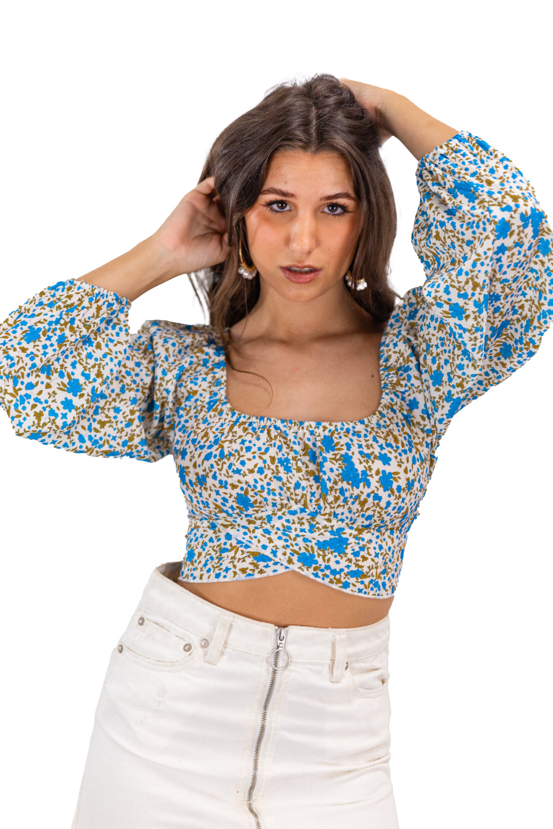 Fabonics Sunflower Serenade Blue & Yellow Floral Balloon Sleeve Crop Top