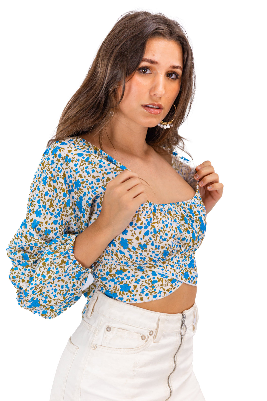 Sunflower Serenade: Blue & Yellow Floral Crop Top