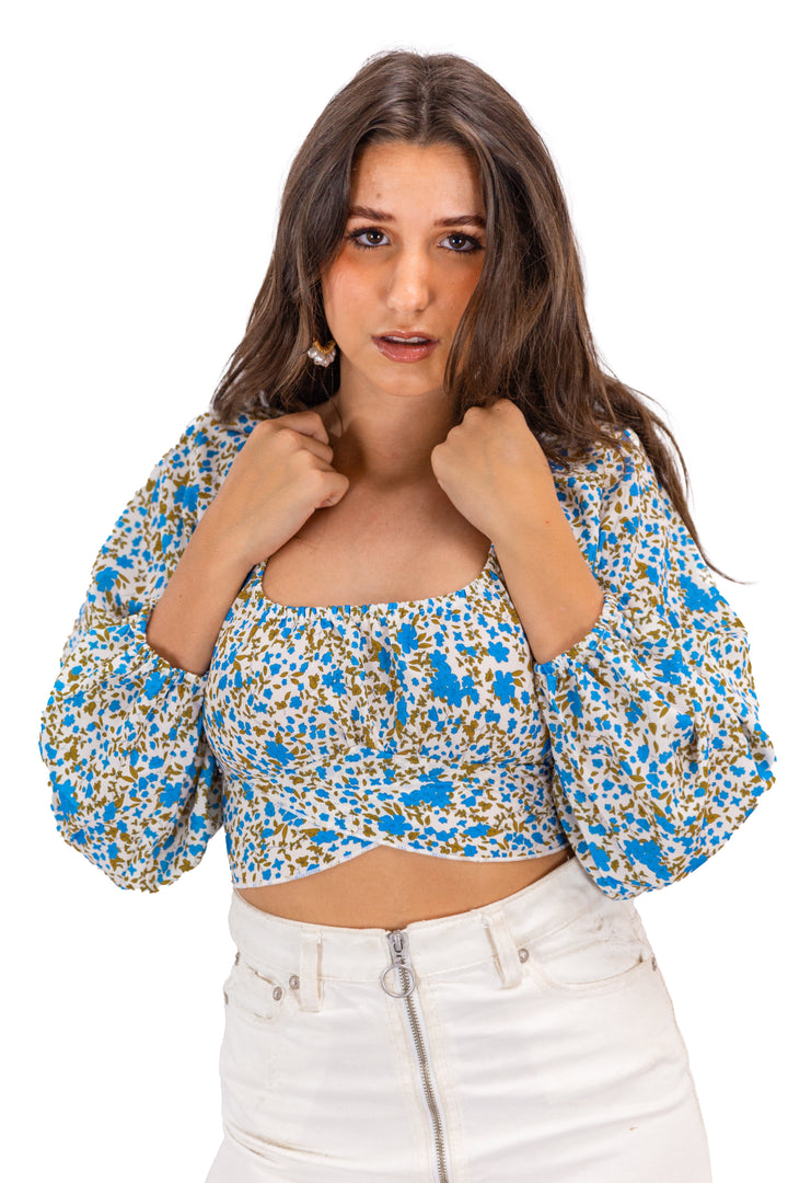 Sunflower Serenade: Blue & Yellow Floral Crop Top