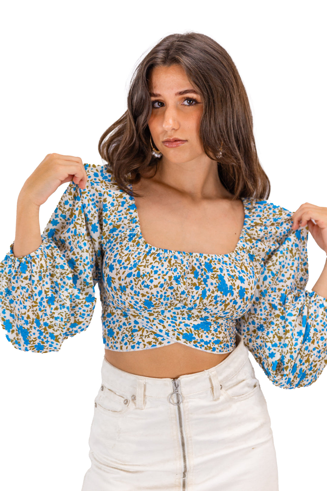 Sunflower Serenade: Blue & Yellow Floral Crop Top