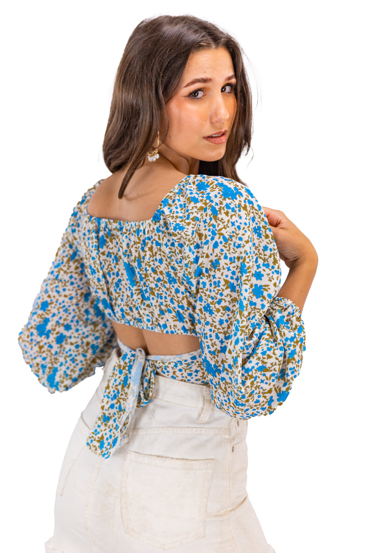 Sunflower Serenade: Blue & Yellow Floral Crop Top