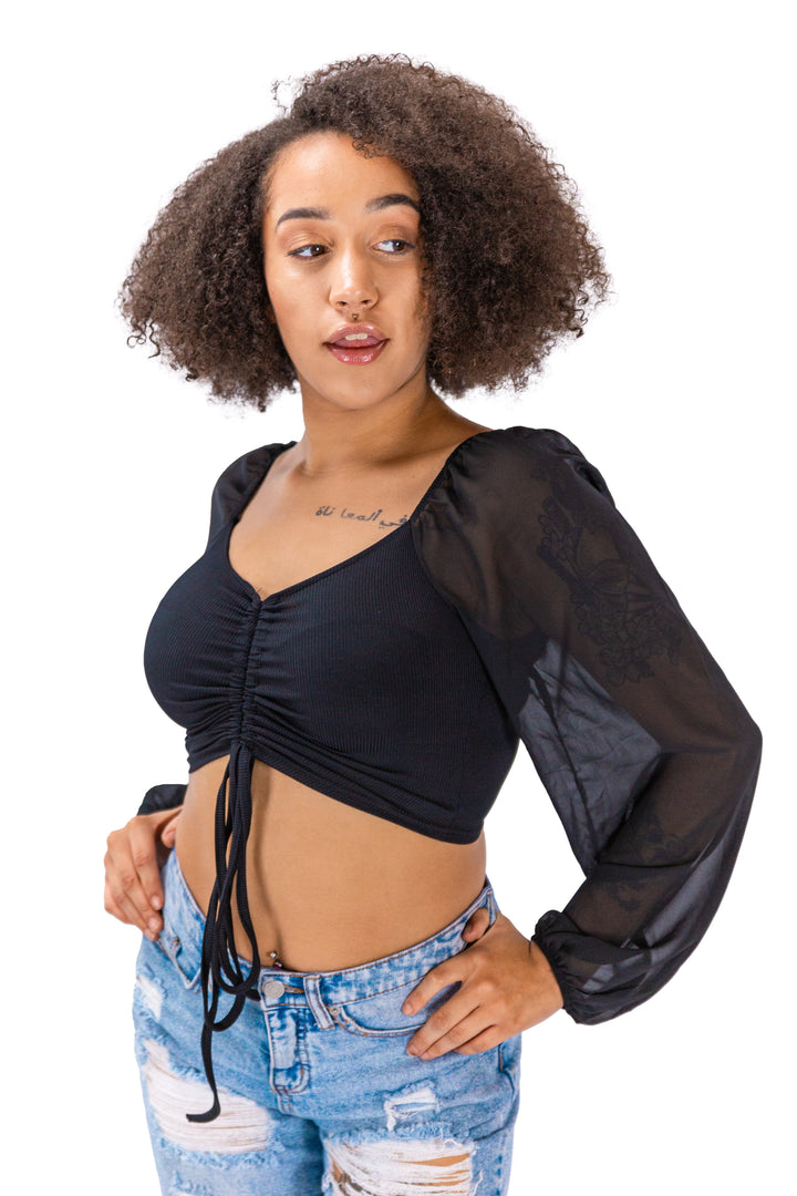 Fabonics Noir Allure Crop Top with Balloon Sleeves and Drawstring Detail in Elegant Black