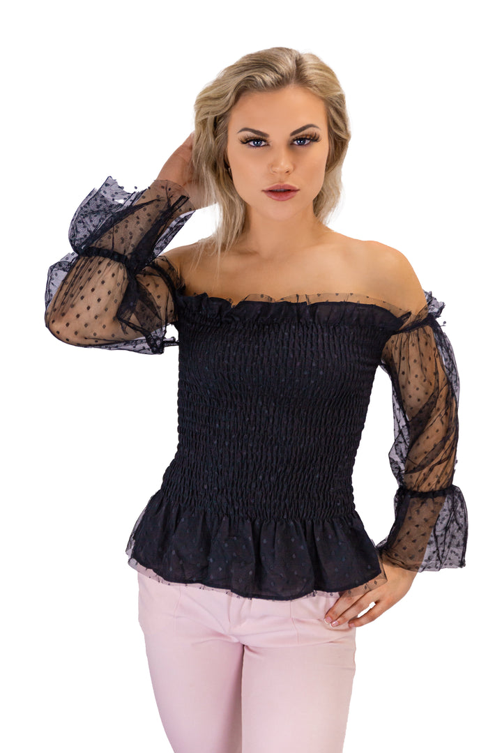 Mystique Noir: Off-Shoulder Puff Sleeve Elegance