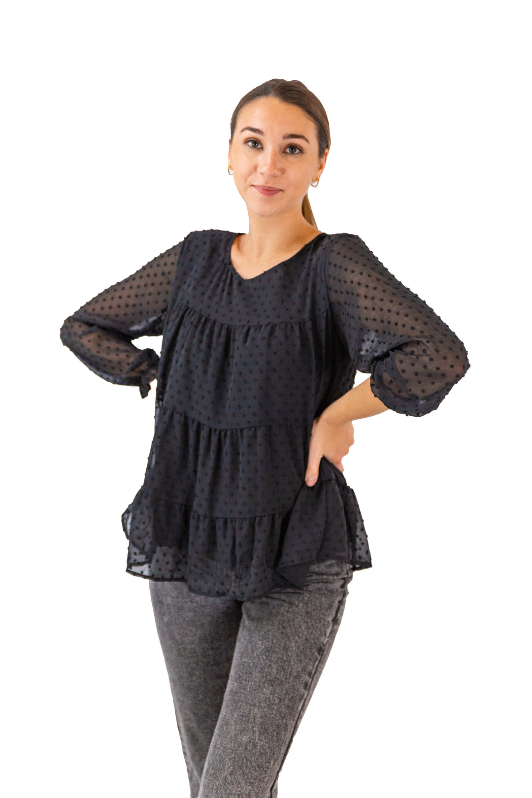 Fabonics Dotted Elegance Black Full-Sleeved Casual Top with Subtle Polka Dots