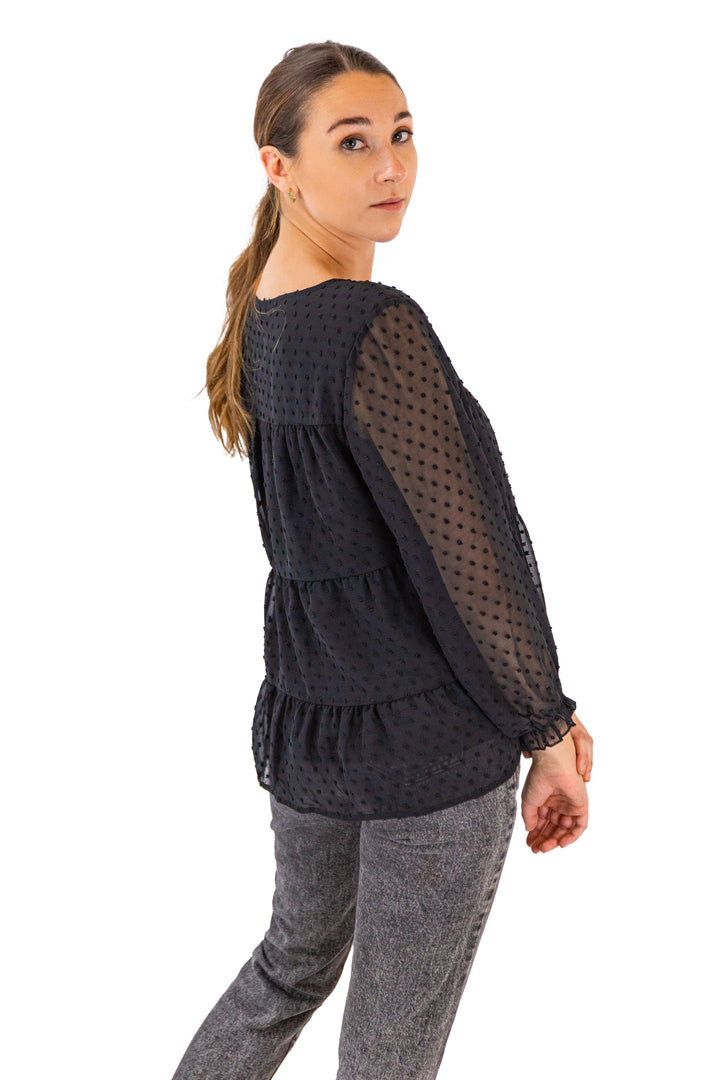 Dotted Elegance: Casual Black Full-Sleeved Top