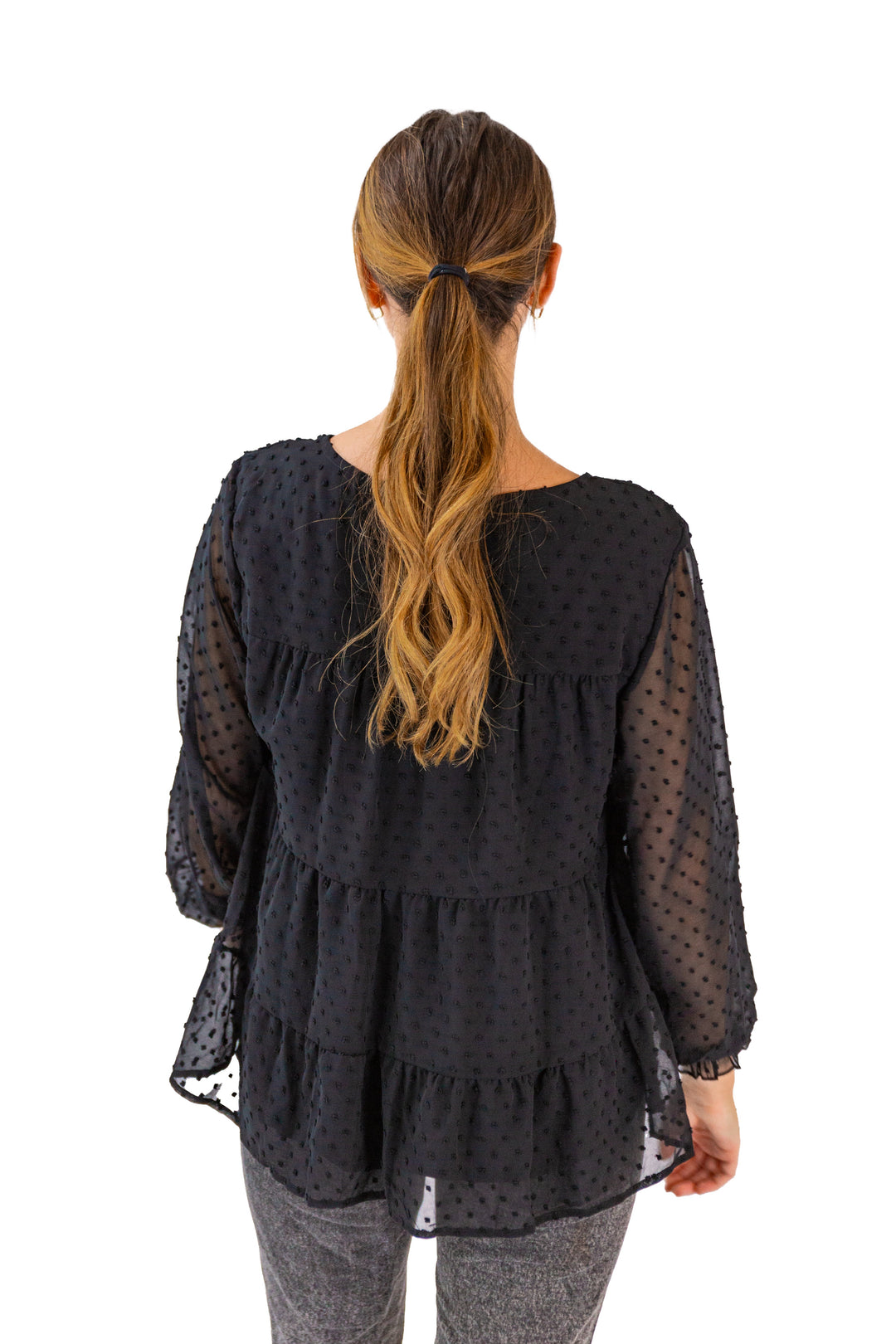 Dotted Casual Black Dress With Full-sleeved